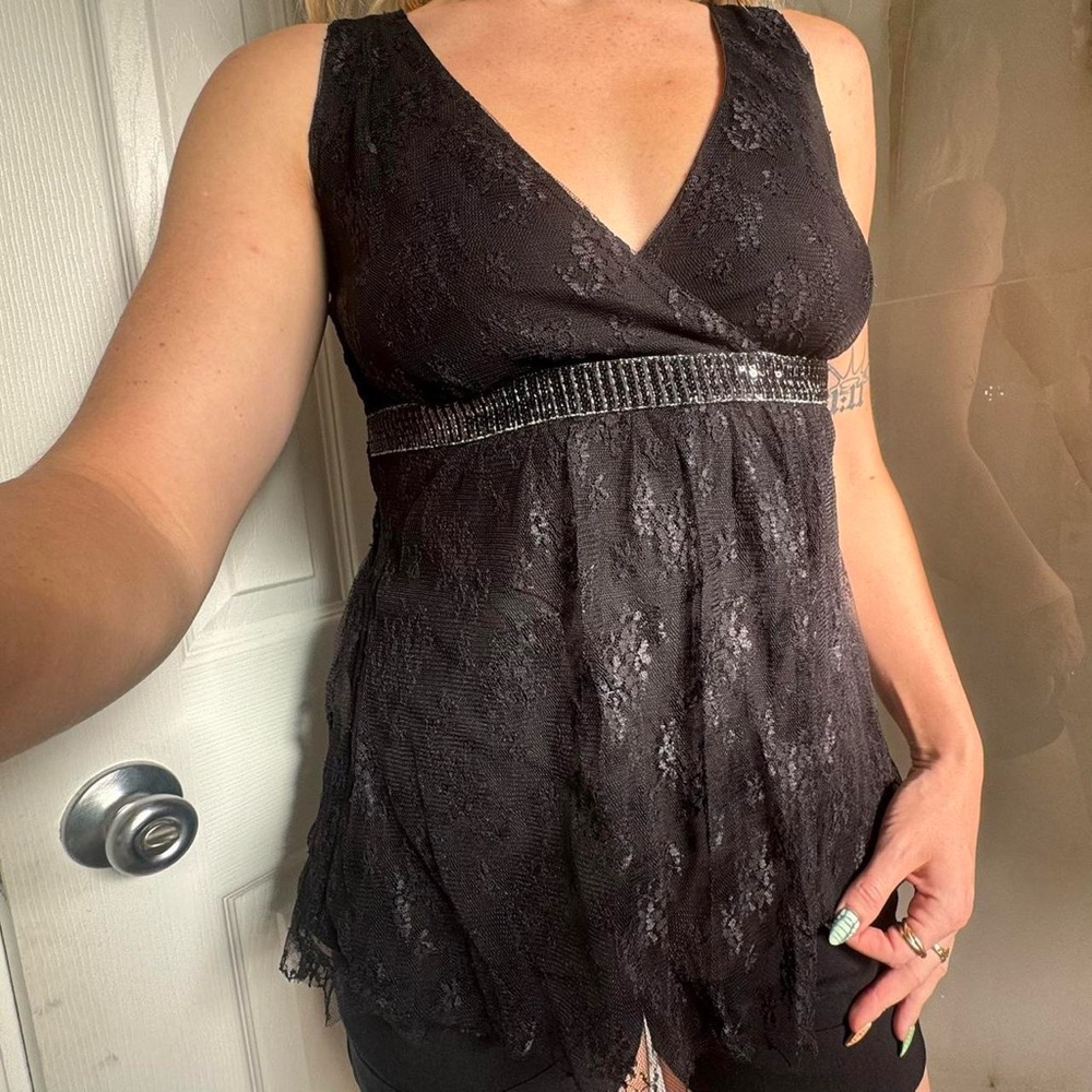 New York & Company Black Lace V-Neck Blouse